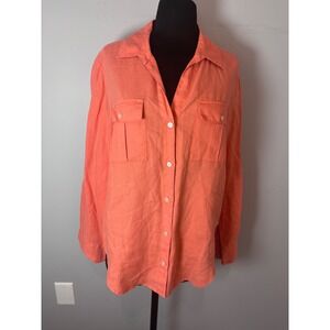 Tommy Bahama Linen Button Down Shirt Coral Orange Roll Tab Sleeve Women's‎ S